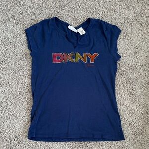 DKNY Women's Short Sleeve Tee in Navy with Multicolor Logo